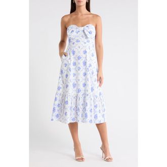 Sugarlips Nia Floral Perline Bow Midi Dress in White/Blue at Nordstrom, Size X-Small