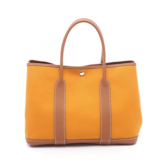 Herm&egrave;s Brown Orange Saffron Toile Officier Negonda Leather Handbag Tote Bag (Pre-Owned)