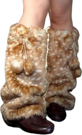 Generic Y2K Deer Print Furry Leg Warmers for Women, Kawaii Fluffy Fur Flared Leg Warmer, Elk Therian Stuff Christmas Accessories (Yellow,one size)