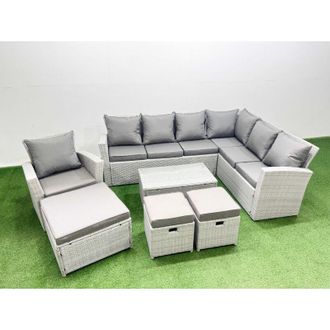 Fimous Garden Outdoor pe Rattan Furniture Set 10 Seater Rattan Garden Sofa Set with 3 Footstools Light Grey Mixed - Fimous