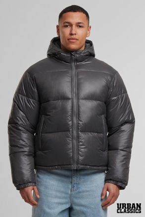 Urban Classics Mens Grey Shiny Padded Puffer Hooded Zip Jacket - Size X-Large