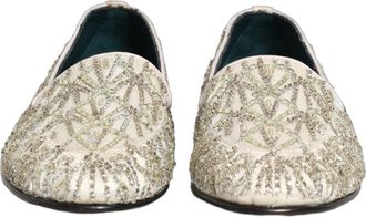 Dolce & Gabbana Mens White Velvet Embroidered Dress Loafers Shoes Leather