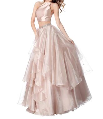 Sherri Hill Two-Piece Satin Top Chiffon Skirt Prom Dress In Nude