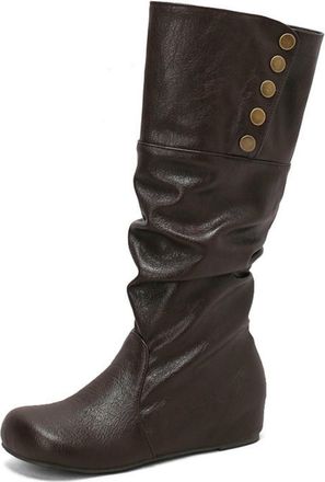 Generic Womens Wedge Heel Knee High Boot Round Toe PU Leather Long Boots Pull on Slouch Boot with Button,Brown1,10.5 UK