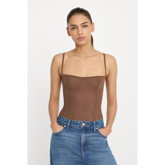 Good American Womens Mesh Bustier Bodysuit | Saddlewood, Size Medium | Good American by Khlo&Egrave; Kardashian