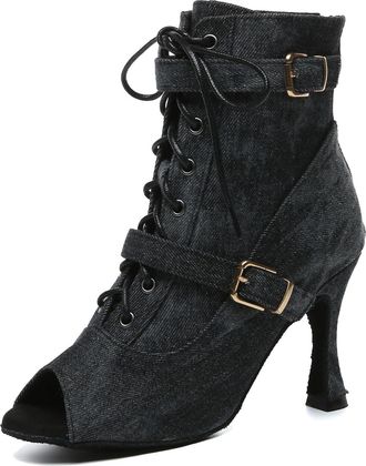 Minitoo Ladies Ballroom Salsa Latin Dance Shoes Sexy Prom Evening Ankle Sandal Boots L636 Denim Black 9cm Heel UK 5.5