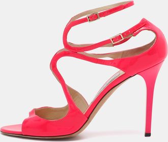 Jimmy Choo London Neon Pink Patent Leather Lance Ankle Strap Sandals