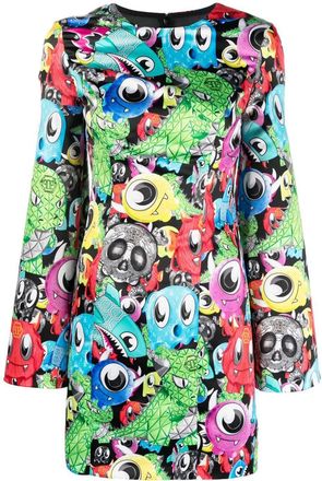 Philipp Plein graphic-print long-sleeve dress - women - Polyester - M - Black