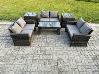 Fimous 6 PCS Outdoor Lounge Sofa Set Wicker PE Rattan Garden Furniture Set with Coffee Table Double Seater Sofa 2 Side Tables in Dark Grey
