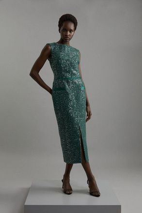 Karen Millen Womens Tailored Sequin Tweed Drop Waist Midi Dress - Forest Green - Size 8 UK