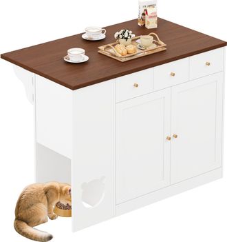STILVORA Carro De Cocina Con 3 Cajones Y 2 Puertas, Encimera Extensible, Especiero Y Zona Para Mascota, Mdf, Blanco Nogal, 120x40x90 Cm