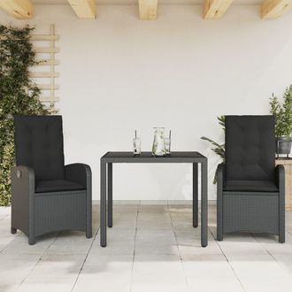vidaXL Set Comedor De Jard&iacute;n 3 Pzas Con Cojines Rat&aacute;n Sint&eacute;tico Negro Vidaxl