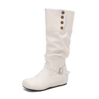 Generic Womens Round Toe PU Leather Knee High Boot Wedge Heel Long Boots with Buckle Pull on Retro Tall Boots,White,10.5 UK