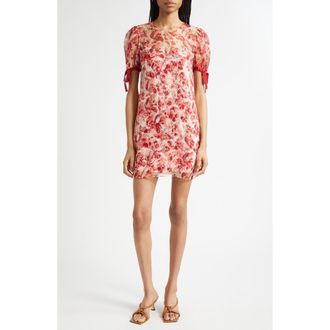 Cinq &agrave; Sept Junette Floral Ribbons Silk Minidress in Cherry Rose Multi at Nordstrom, Size 10
