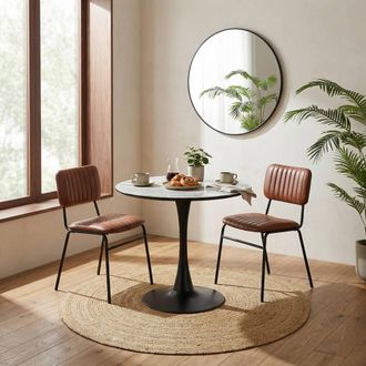 Furniturebox Elina White Marble Effect Round Dining Table with 2 Tan Delta Chairs