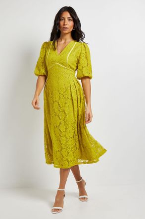 Wallis Womens Lace Puff Sleeve Midi Dress - Yellow Polyamide - Size 16 UK