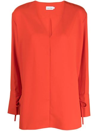Calvin Klein V-neck tied-cuff blouse - women - Polyester - 40 - Orange