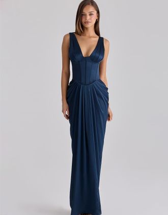 House of CB Angeline - Vestito lungo a corsetto in raso blu navy