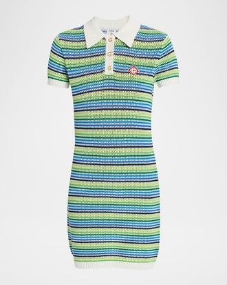 Casablanca Striped Crochet Short-Sleeve Mini Polo Dress