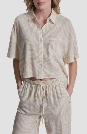 DKNY Cropped Drop Shoulder Linen Blend Top in Zebra Eggnog Combo at Nordstrom Rack, Size X-Large