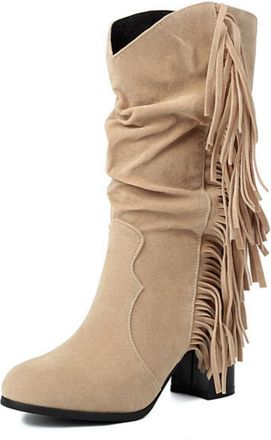 Generic Womens Pull on Slouch Mid-Calf Boots Block Heel Western Cowboy Boots Round Toe Wide-Calf Boot with Tassel,Apricot,7.5 UK