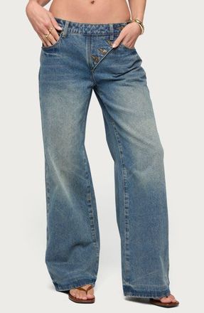 Edikted Moxlan Slant Button Low Rise Wide Leg Jeans in Blue-Washed at Nordstrom, Size X-Small