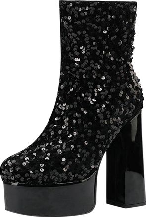 Generic Women Autumn Winter Fashion Ankle Boots with Sequin Decorations Shiny Thick Heel Platform Design for Ultimate Comfort and Style (Black, 4.5)