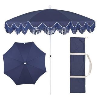 Jonathan Y Designs Mariner 6.5 ft. Classic Cottage Fringe Tassel Market Beach Umbrella with Push Button Tilt in Navy - White Pole at Nordstrom