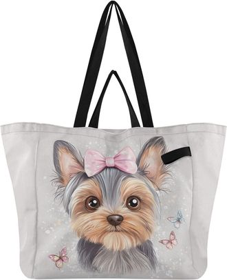 Generic Dog Bow Butterflies Pink pattern Reusable Canvas Tote Bag, Heavy Duty Grocery Shopping Bag with Large Capacity Hard Bottom Double Handles Work Groceri