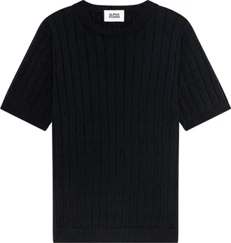 Alpha Studio Night Blue Cotton Knit Top with Openwork Detailing