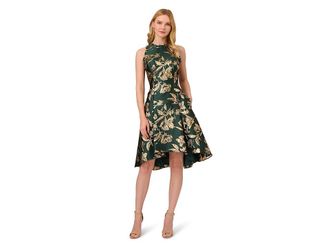Adrianna Papell Printed Jacquard High-Low Hem Party Dress Womens Clothing Hunter : 10, Olefin/Polyester