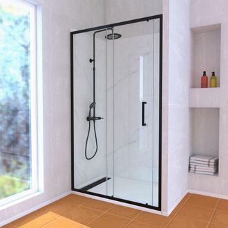 Aurlane Aurlane - Mampara Corredera 120x200 Cm Perfil Negro Y Plato De Ducha Blanco + Columna De Ducha Mec&aacute;nica Negra