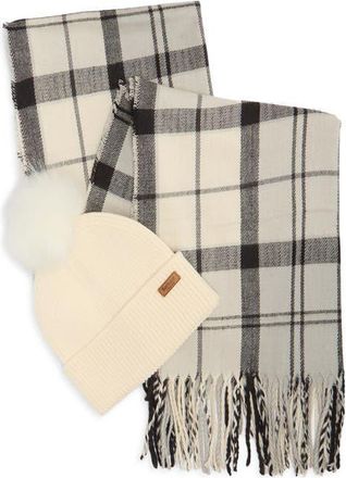 Barbour Dover Tartan Scarf & Faux Fur Pompom Beanie Set in Monochrome Tartan at Nordstrom