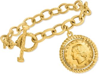 Ross-Simons Italian 18kt Gold Over Sterling Replica Lira Coin and Oval-Link Toggle Bracelet