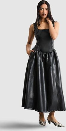 Warehouse Faux Leather Whipstitch Trim Midi Dress in Black at Nordstrom, Size 10