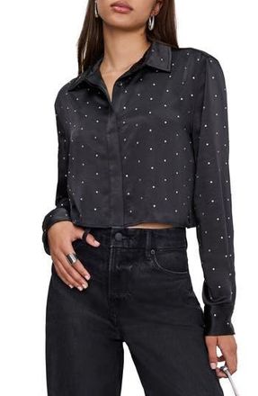 Good American Crystal Embellished Satin Button-Up Crop Shirt in Black001 at Nordstrom Rack, Size Small