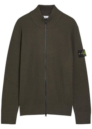 Stone Island Ribbed Wool Cardigan - Grey Anthracite - XL