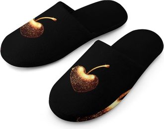 Generic Golden Cherries Glitter Mens Cozy House Slippers Winter Warm Shoes with Anti-Slip Sole for Travel Indoor Outdoor