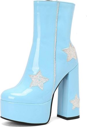 Generic Womens Sweet Platform Chunky Heel Ankle Boots Shiny Dress Booties with Side Zipper,Blue,6.5 UK