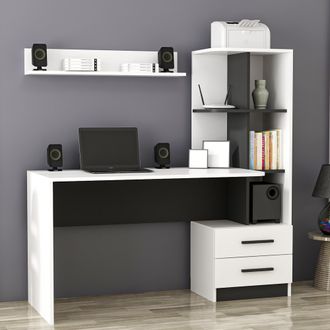 Dmora Escritorio Thiesi, 7 Estantes, 2 Cajones, 4 Compartimentos, 120x60x74h Cm Blanco