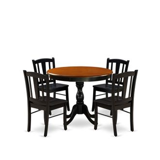 East West Furniture 5-Piece Modern Dining Set Includes a Round Wood Table and 4 Dining Room Chairs with Slatted Back - Black Finish