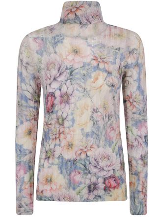 Twin-Set Turtleneck Sweater Floral Flowers Blu Indigo Multicolor