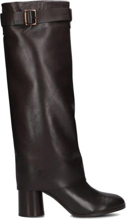 Lina Locchi Bruine leren hoge hak laarzen - Dames - Laarzen met Hak - Bruin - 38 EU - Wol - Schoenen