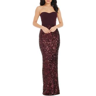 Dress The Population Vada Mixed Media Strapless Gown in Port at Nordstrom, Size Xx-Large