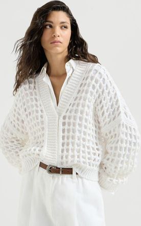 Brunello Cucinelli Jute and cotton net cardigan in White at Nordstrom, Size Xxx-Large
