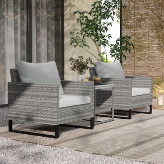 OUTSUNNY 3PCS Rattan Bistro Set Glass Top Table & Chairs with 4 Cushions in Light Grey