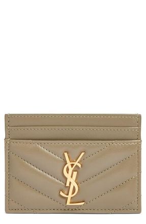 Saint Laurent Cassandra Matelass&eacute; Leather Card Case in Strong Moss at Nordstrom