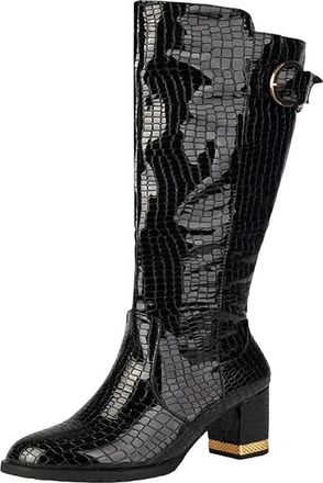 Generic Womens Knee High Boots Round Toe High Chunky Heel With Side Zipper And Decorative Belt Buckles Stylish Footwear