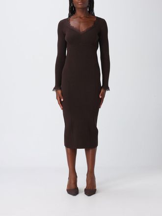 Twinset Abito midi in maglia a coste con scollo a V e inserti in pizzo