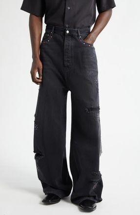 Amiri Bones Studded Rip & Repair Baggy Jeans in Vintage Black at Nordstrom, Size 34